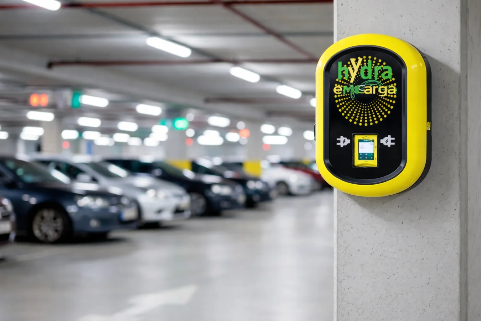 Cargador de coche eléctrico Emcarga MPRO sin manguera instalado en un garaje comunitario con plazas de aparcamiento