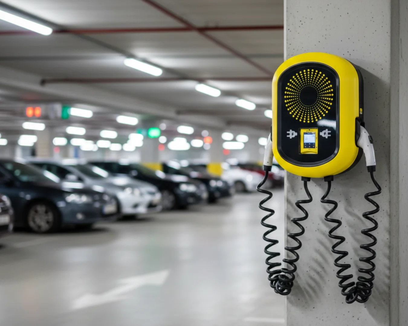 cargador nayax ev meter pay2 instalado en un parking de un centro comercial